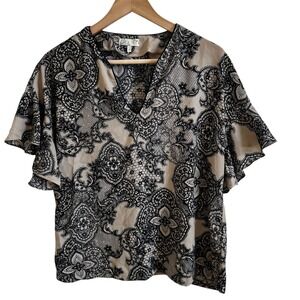 Blu Pepper Floral Lace Blouse Ruffle Sleeve V-Neck Top Elegant Small